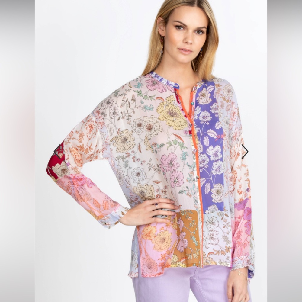 Floral Patchwork Long-Sleeve Blouse in Pastel Multi